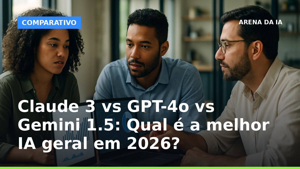Profissionais brasileiros analisando Claude 3, GPT-4o e Gemini 1.5 em ambiente de escritório em 2026
