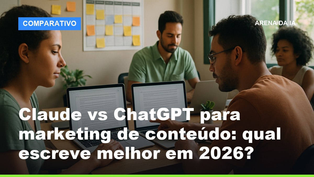 Equipe de marketing brasileira comparando Claude e ChatGPT para criar conteúdo em duas telas de notebook