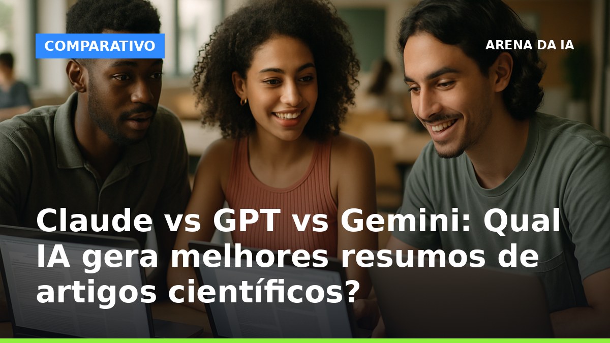 Estudantes brasileiros analisando resumos de artigos científicos gerados por IA no notebook