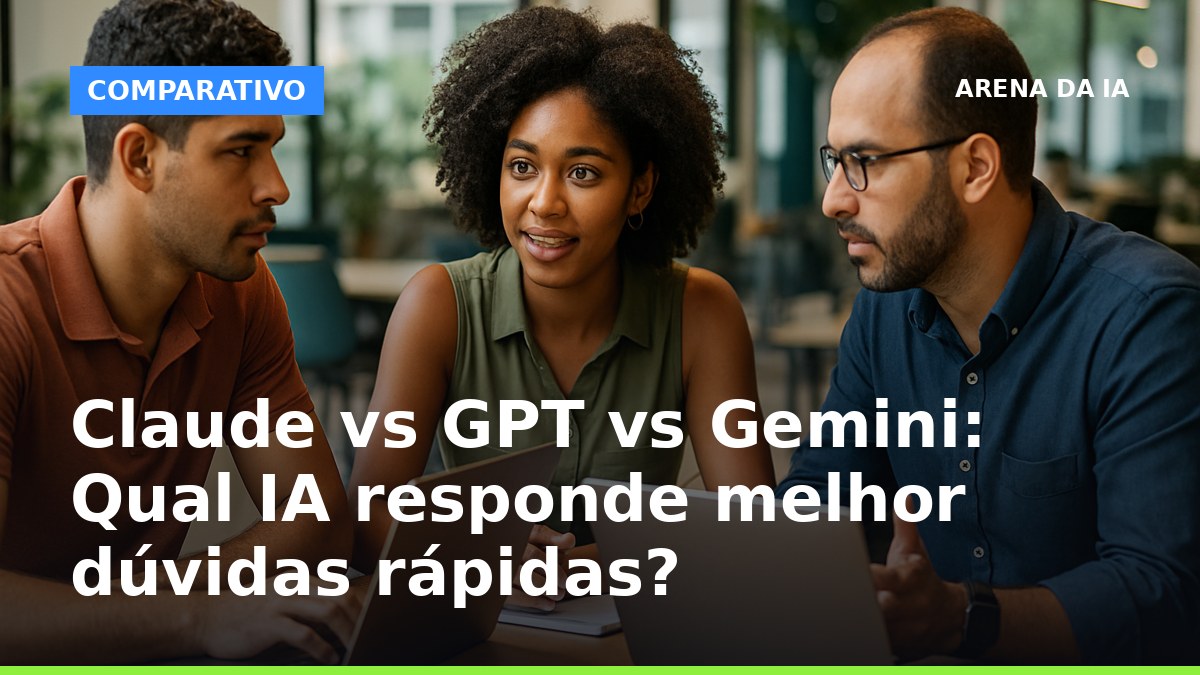 Três profissionais brasileiros analisando respostas rápidas de IA em notebooks, comparando Claude, GPT e Gemini.