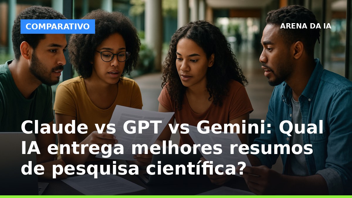 Estudantes brasileiros analisando resumos de pesquisas científicas usando IA em laptops