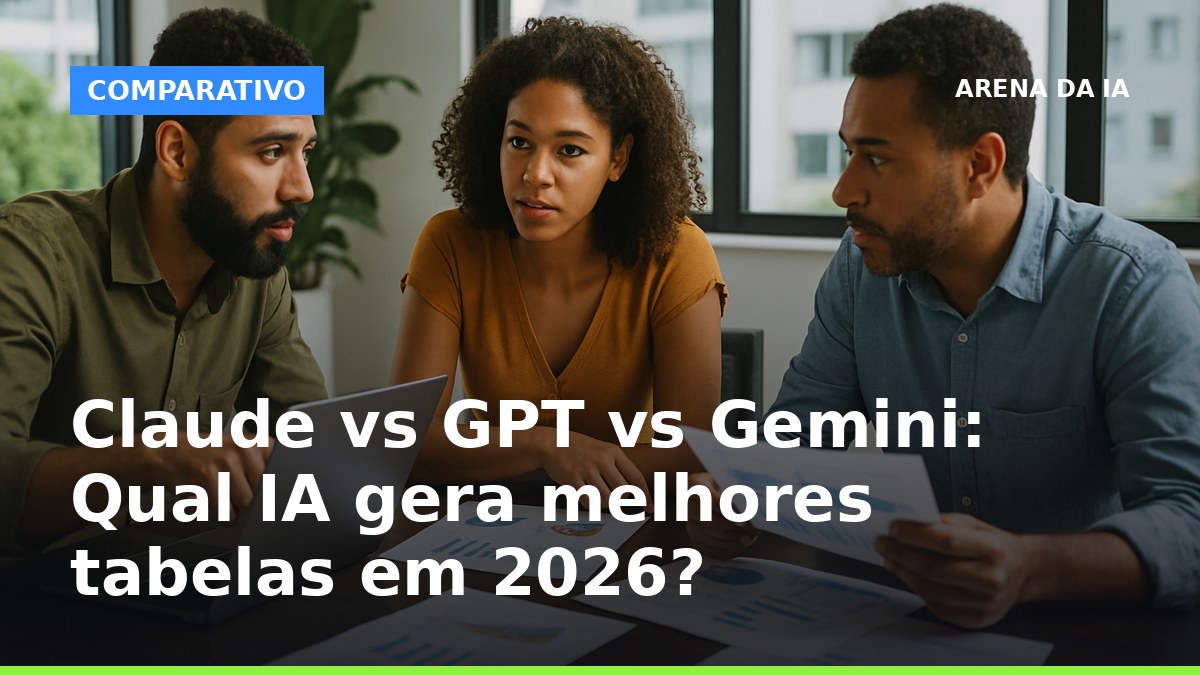 Três profissionais brasileiros analisando tabelas geradas por IA em notebooks, foco na colaboração e organização dos dados.