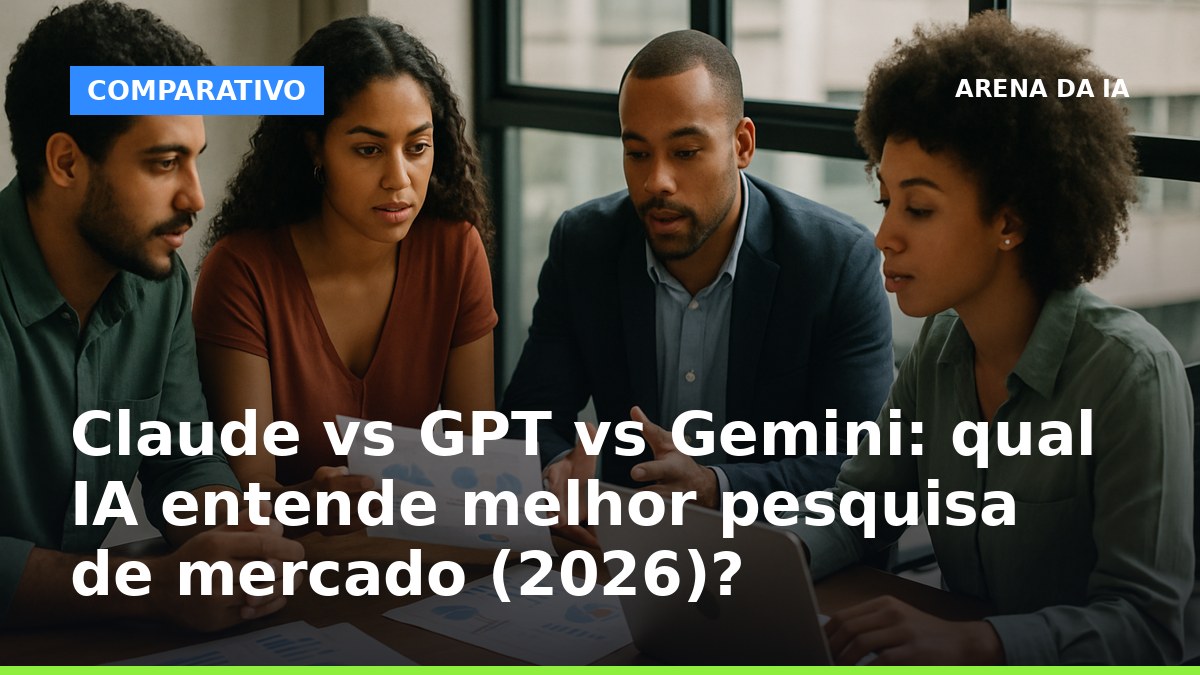 Equipe brasileira analisando pesquisa de mercado com IA, discutindo dados em reunião