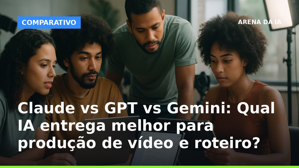 Criadores brasileiros analisando roteiro de vídeo com IA em estúdio profissional