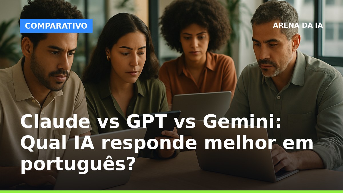 Profissionais brasileiros comparando respostas de Claude, GPT e Gemini em português em notebooks e tablets.