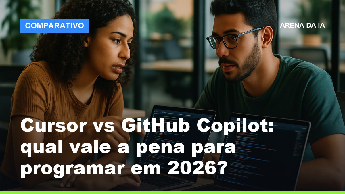 Duas pessoas programando comparando Cursor e GitHub Copilot em telas com código lado a lado