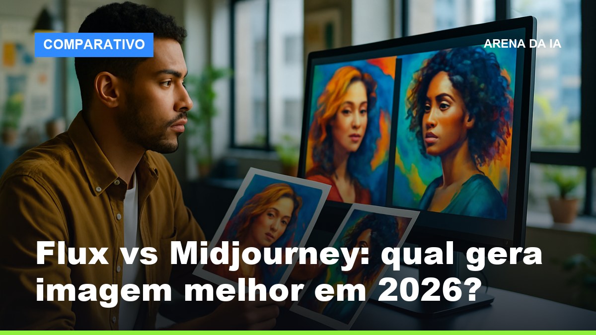 Designer brasileiro comparando imagens geradas por Flux e Midjourney lado a lado no monitor