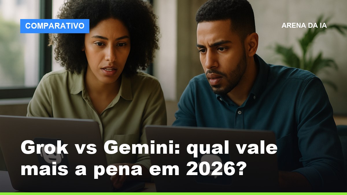 Comparativo Grok vs Gemini: duas pessoas testando os assistentes de IA no notebook
