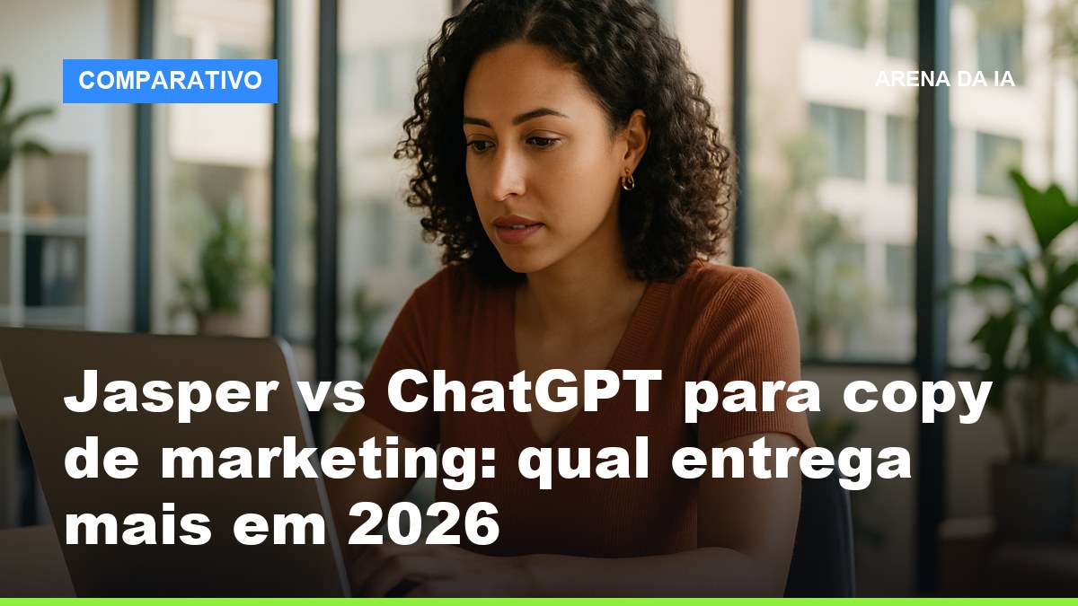 Profissional de marketing comparando Jasper e ChatGPT para copy no notebook em escritório brasileiro