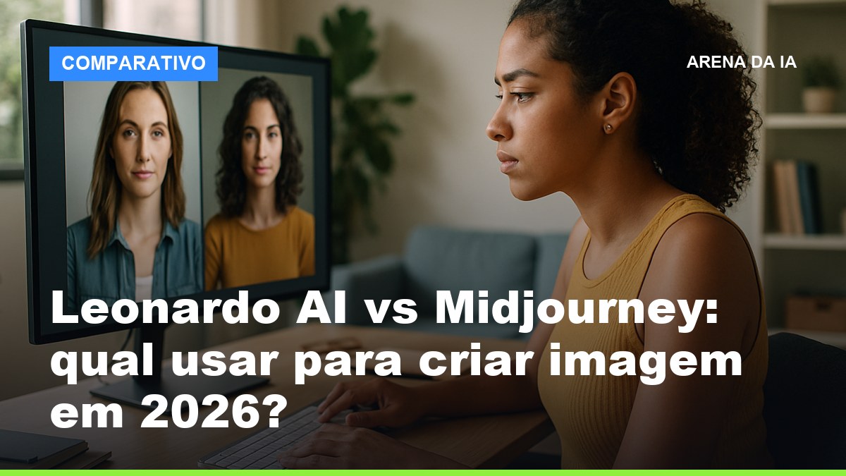 Designer brasileira comparando imagens do Leonardo AI e do Midjourney na tela do computador