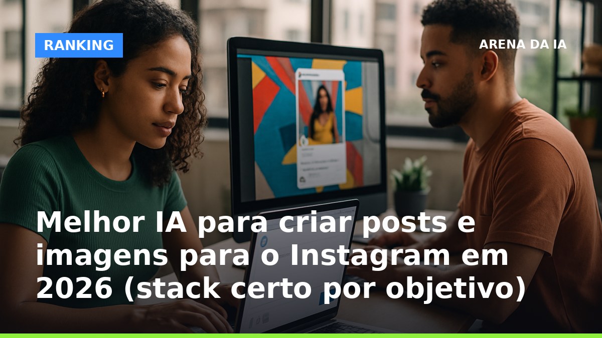 Profissionais brasileiros criando post para Instagram com IA, usando computador para copy e imagem com texto legível