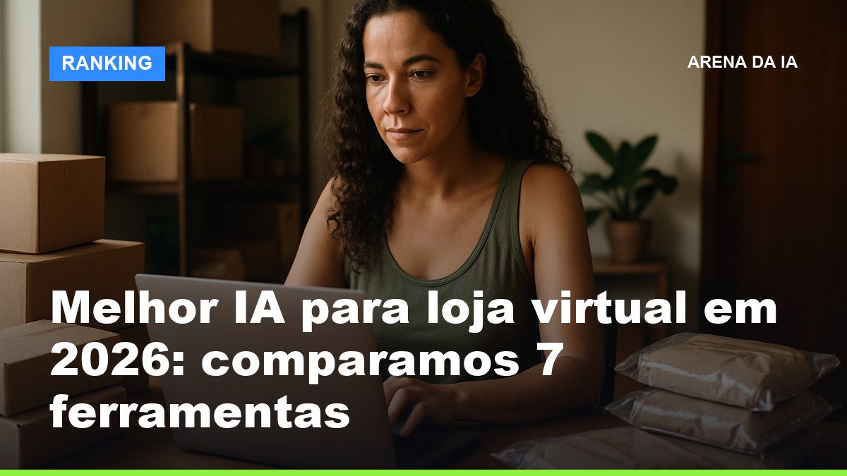 Lojista brasileira usando IA para loja virtual no notebook, gerenciando pedidos do e-commerce com caixas ao fundo