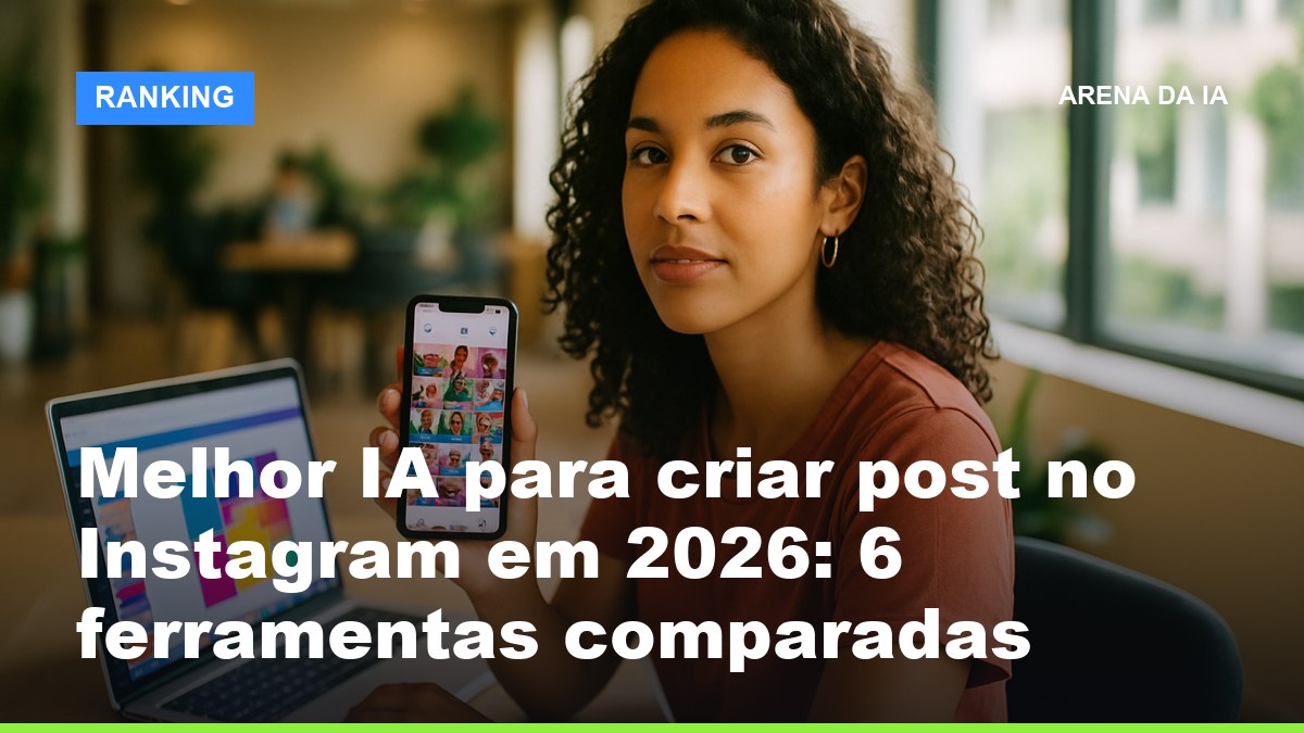 Social media brasileira criando post no Instagram com IA no celular e notebook em coworking