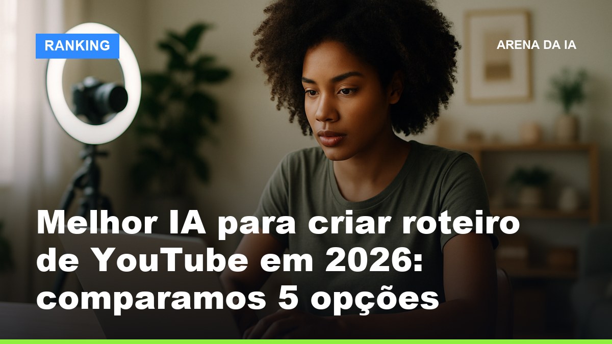 Criadora de conteúdo brasileira escrevendo roteiro de vídeo para YouTube com IA no notebook, câmera e ring light ao fundo