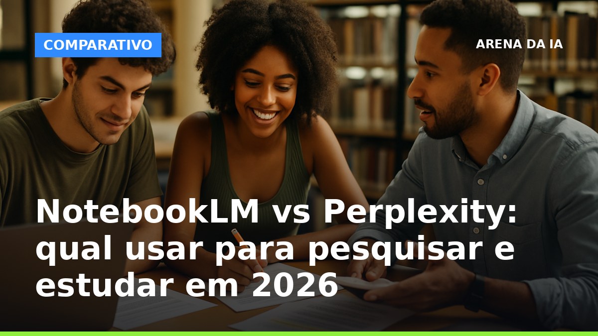 NotebookLM vs Perplexity para pesquisar e estudar em 2026: estudantes comparando fontes no notebook