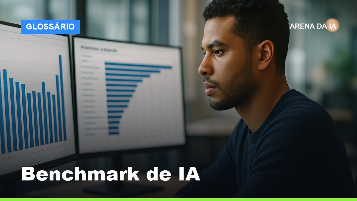 Analista comparando benchmarks de IA em telas com gráficos de desempenho de modelos de linguagem