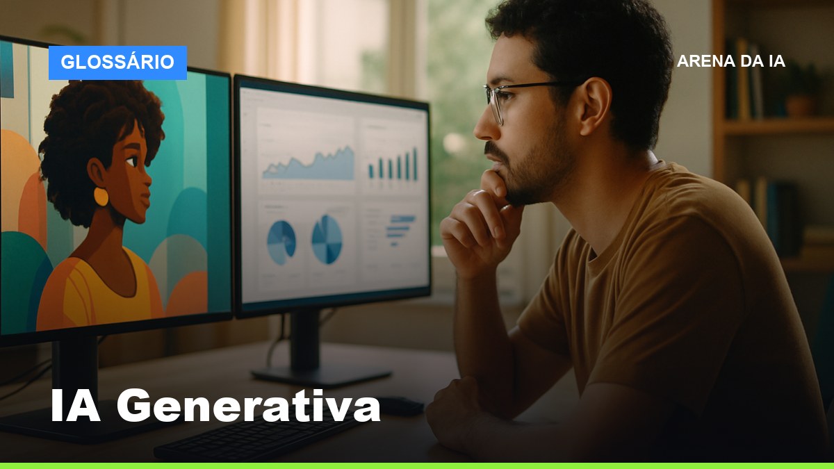 Designer brasileiro comparando IA generativa e IA tradicional em duas telas no estúdio