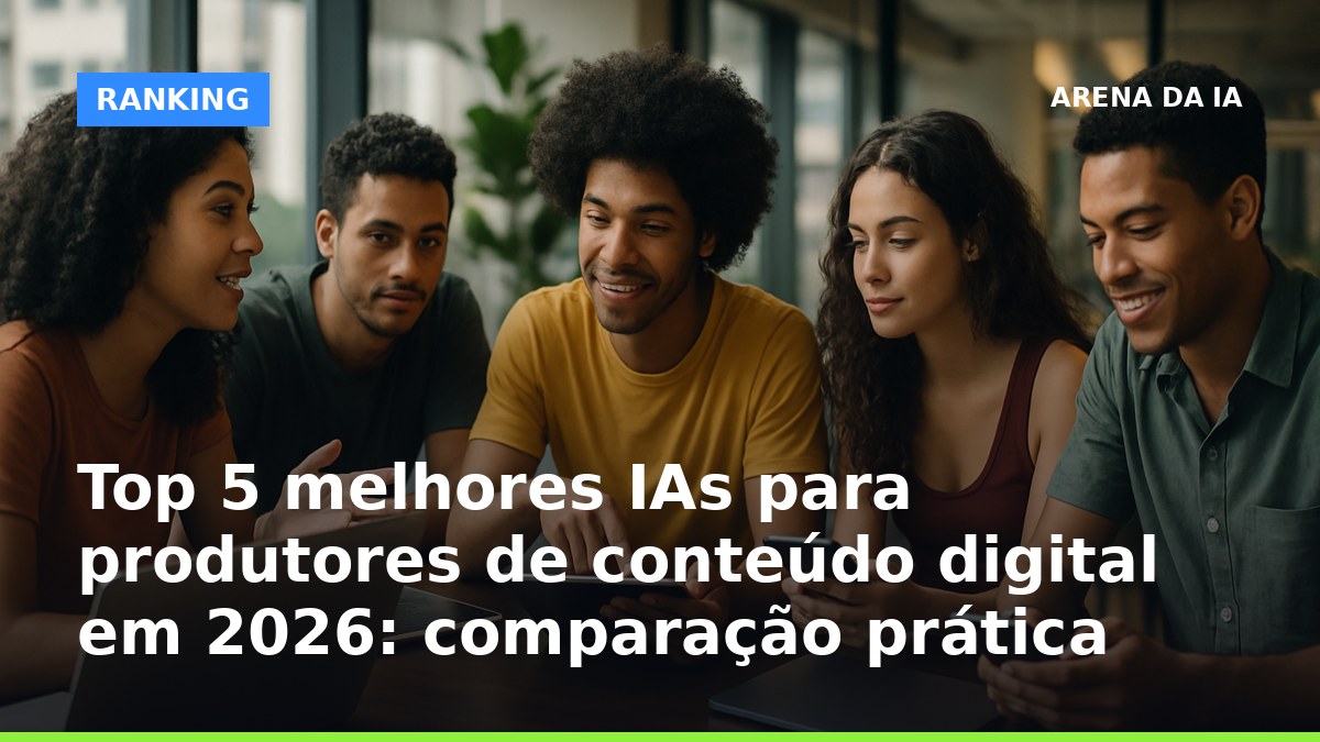 Produtores de conteúdo digital brasileiros analisando ferramentas de IA em notebooks e tablets em 2026